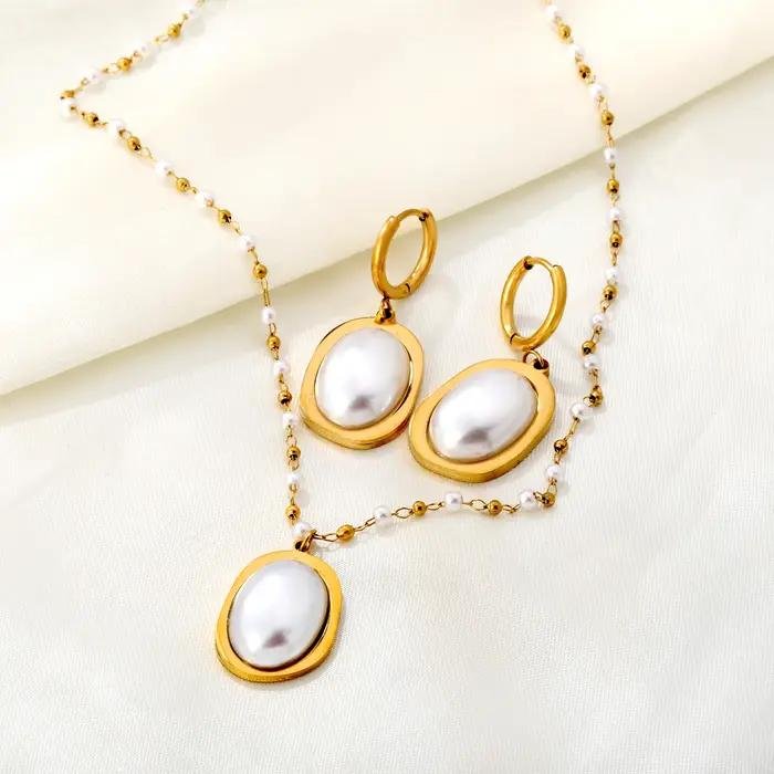 ASONSTEEL luxe Imitation perle pendentif collier boucles d'oreilles ensembles de bijoux en acier inoxydable pour les