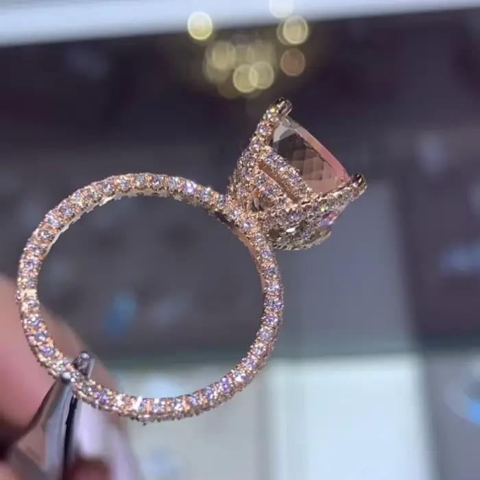 Bague de mariage en or rose sous Halo, bague de fiançailles en morganite taillée sur coussin, zircone cubique AAA, contre-indiqué, luxe exquis