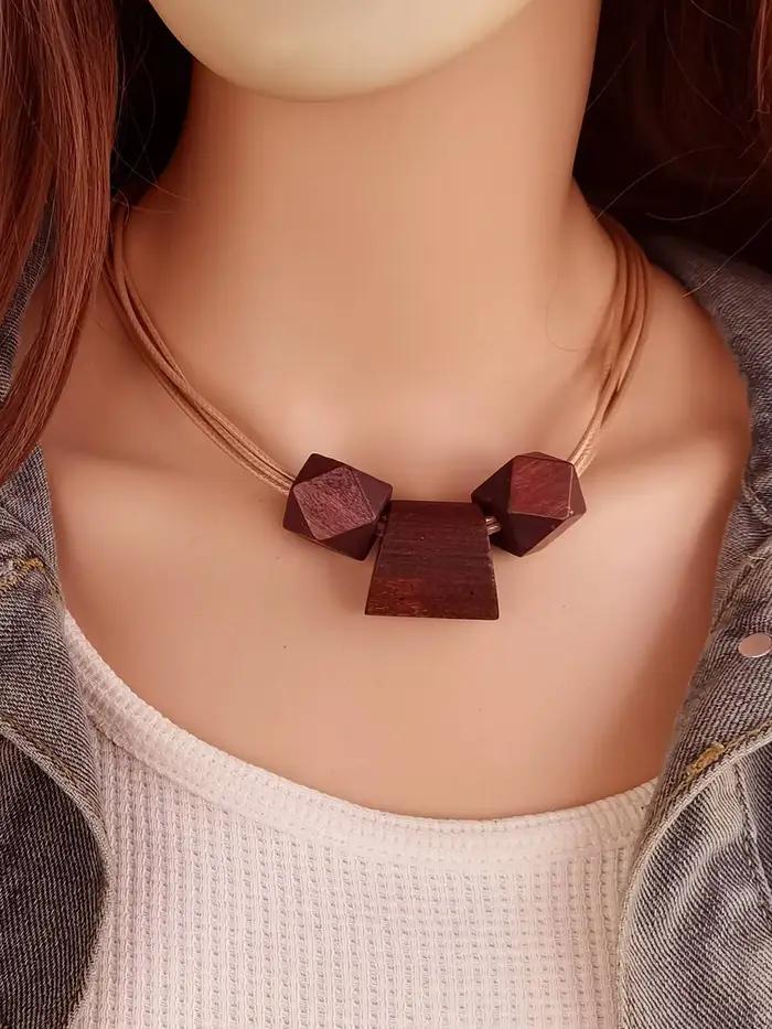 Collier minimaliste multi-brins pour femmes, avec perles géométriques en bois naturel, pendentif vintage Boho Chic, 03/Wear