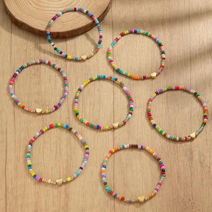 7 pièces bohême fait à la main aléatoire perles colorées Bracelets pour femme élastique