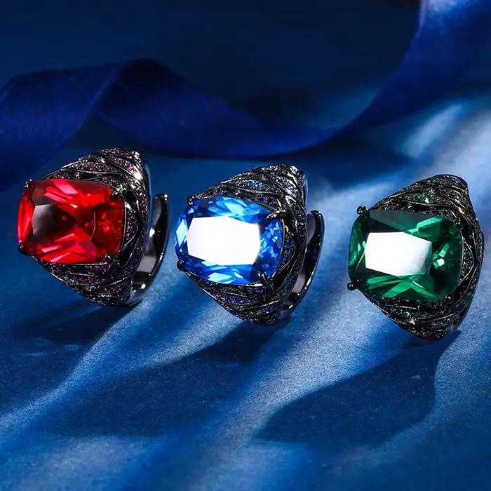 Vinregem 12*16 MM laboratoire créé saphir rubis émeraude gemmes ouvert anneau réglable pour les femmes cadeaux d'anniversaire bijoux fins en gros