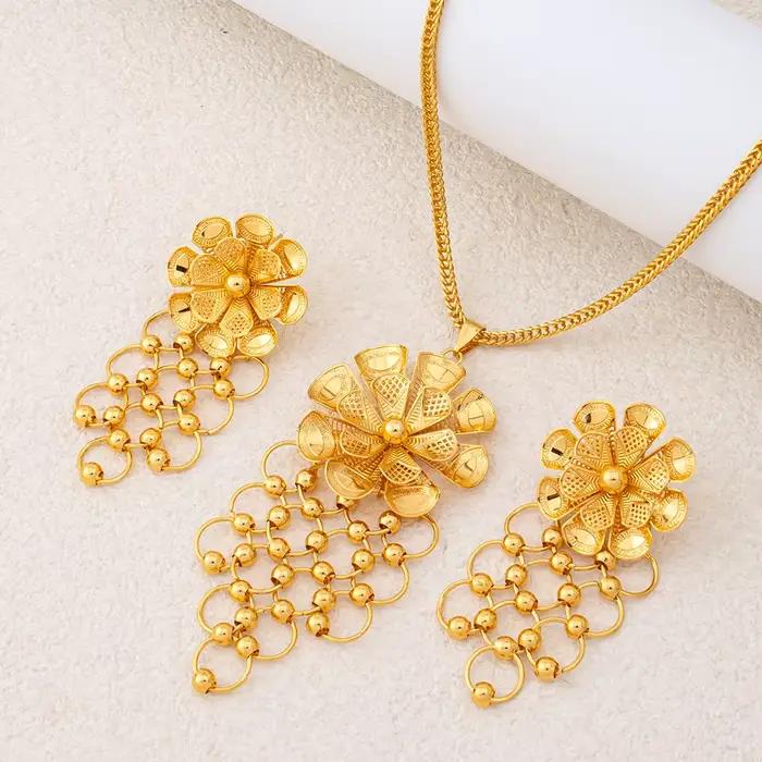 Bijoux en acier inoxydable pour femme, bijoux en or 24 carats de Dubaï, ensemble collier et boucles d'oreilles, hypoallergénique, imperméable, cadeaux de mariage pour femmes