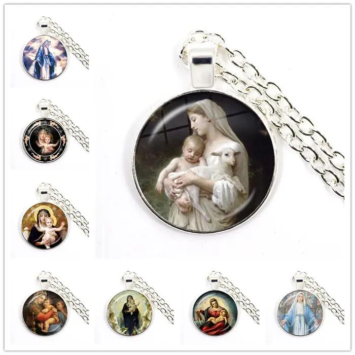 Vierge Marie et bébé jésus catholicisme chrétien bijoux collier béni mère Art religieux verre Cabochon dôme pendentif cadeau