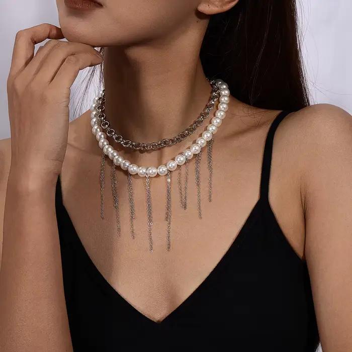 Collier Aihua multicouche à longues pampilles et perles d'imitation pour femme, collier ras-du-cou tendance avec perles, bijoux de mariage Y2K, cadeaux