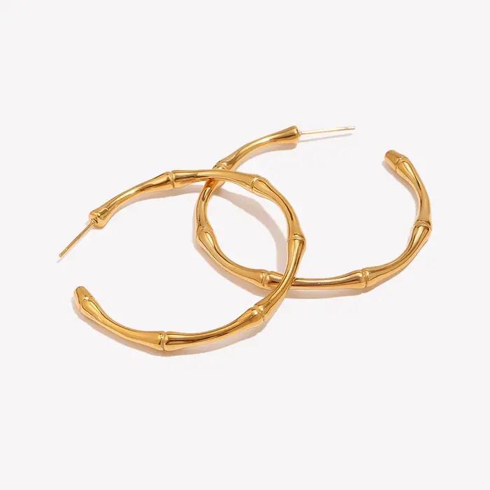 E.B.belle minimaliste basique mince bambou grandes boucles d'oreilles en or pour femmes en acier inoxydable plaqué or étanche femme grand cerceau