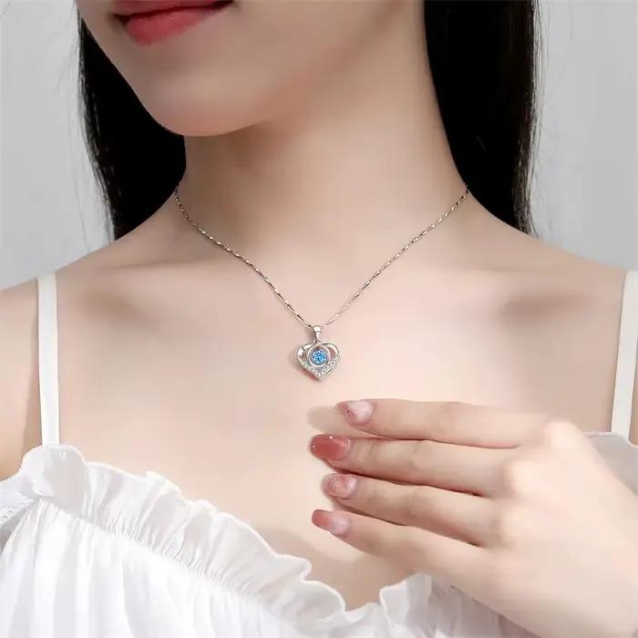 925 en argent Sterling en forme de coeur collier Bracelet ensemble pour les femmes Vintage coréen bleu cristal Bracelets