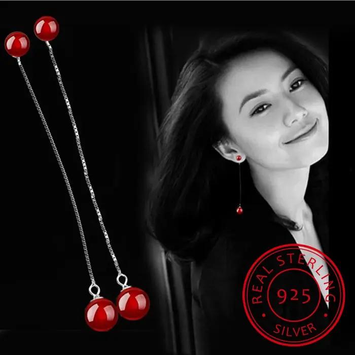 Boucles d'oreilles en argent regardé 925 noir et rouge IkLong Tassel JOEar Line Stud