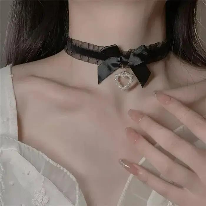 Collier en dentelle perlée Sweet Lolita Y2K nœud papillon pour femmes romantique mignon occassions spéciales quotidienne