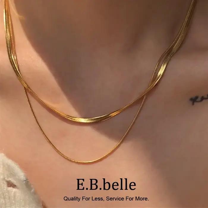 Collier Double Couche en Chaîne Herringbone et Chaîne Serpent Fine Plaquée Or pour Femme Occasions Spéciales