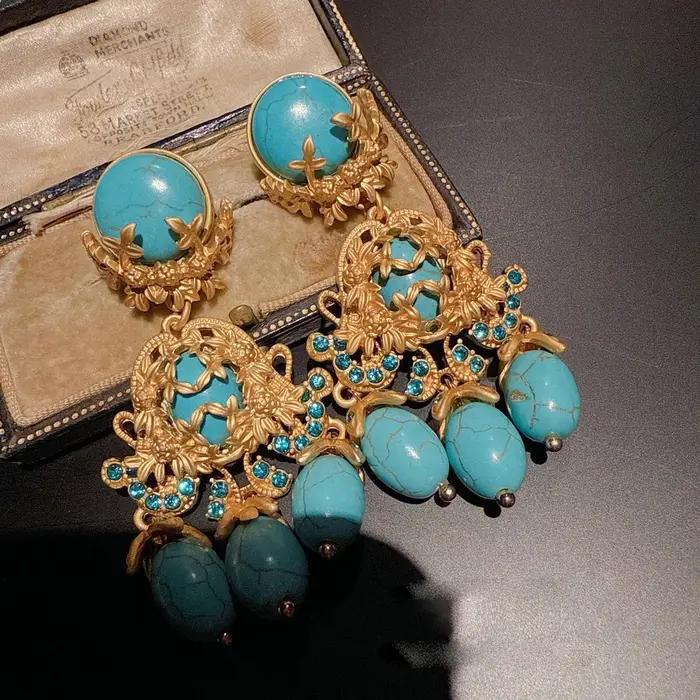 Boucles d'oreilles longues Vintage Turquoise naturelle pour femmes