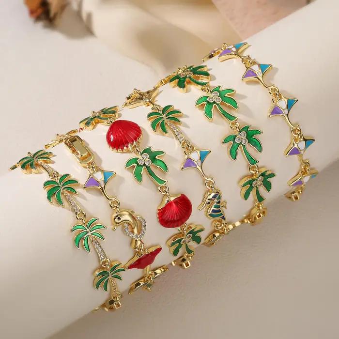 Bracelet rétro en émail vert avec pendentif motif palmier et cocotier