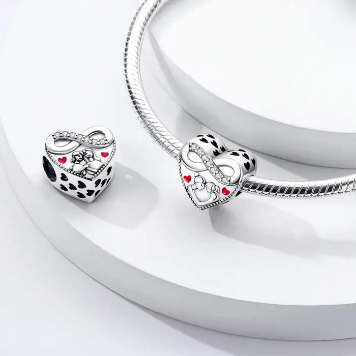 Breloques Cœur Mère-Fille en Argent Sterling 925 avec Zircon Cubique Transparent et Perles Infinies en Émail Rouge