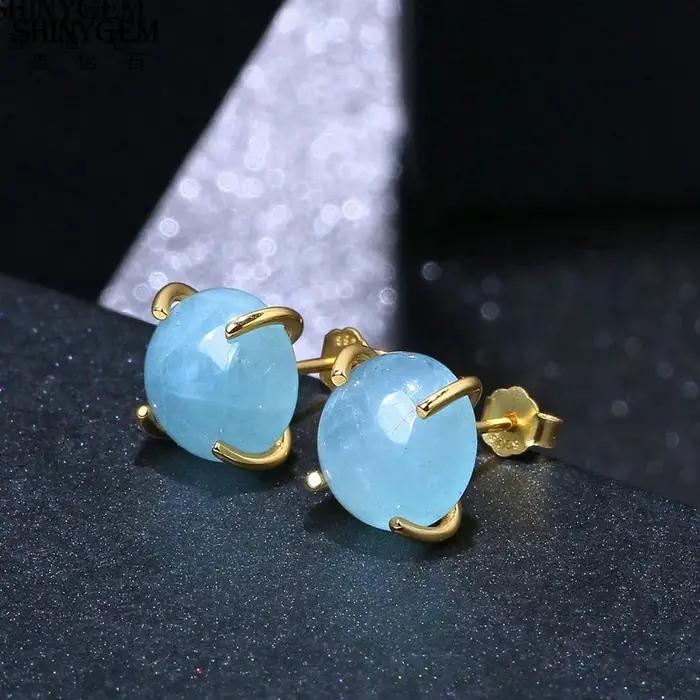 KendyGem-Boucles d'oreilles à tige d'aigue-marine naturelle pour femme