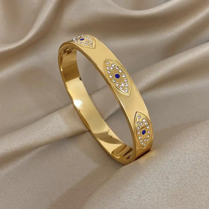 Nouveau turc mauvais yeux strass acier inoxydable manchette Bracelet Bracelet pour femmes mode plaqué or étanche bijoux à breloques