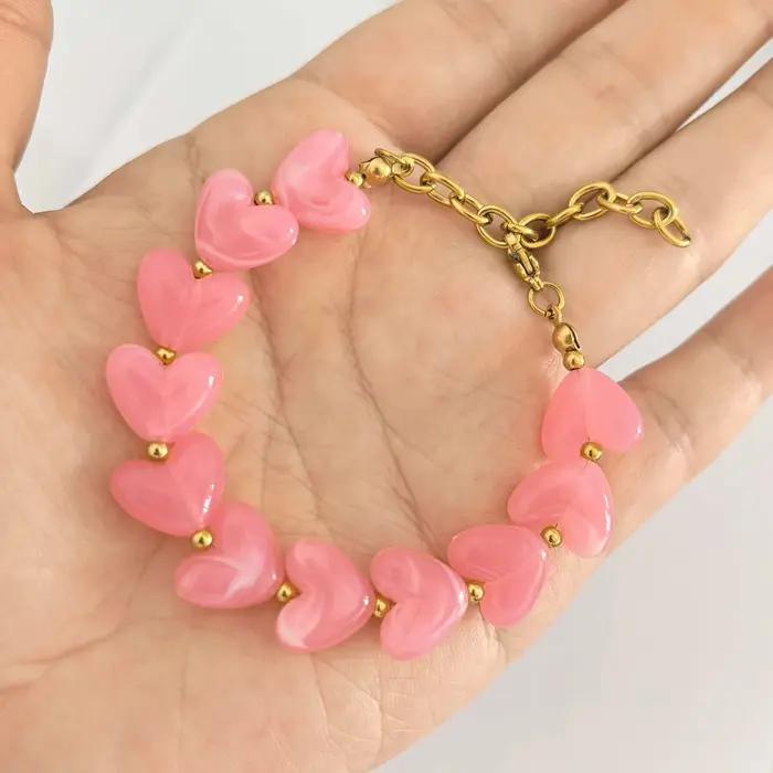 Bracelet Cœur Femme Perles Résine Acrylique Chaîne Déclaration d'Amour Beige Acier Inoxydable Étanch