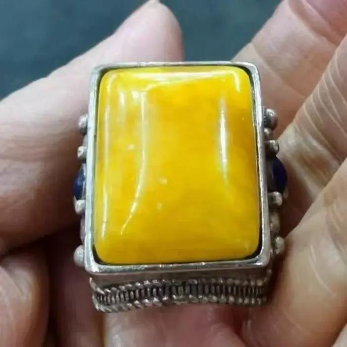 Bague en argent ancien de collection, finition émail carré, ajustable, ouverte, unisexe, couleur amb
