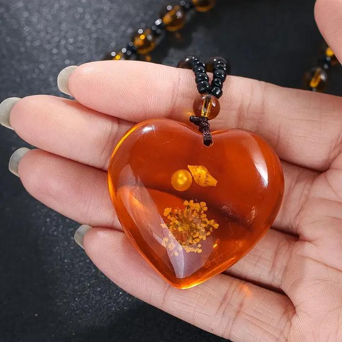 Collier en résine en forme de cœur avec perle ronde et véritable fleur pour femme bijou fantaisie cadeau de fête occaions spéciales