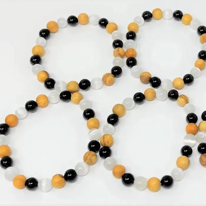 Bracelet de purification du corps en cristal de 8 mm avec sélénite, tourmaline noire et Palo Santo pour améliorer le mouvement et l'énergie