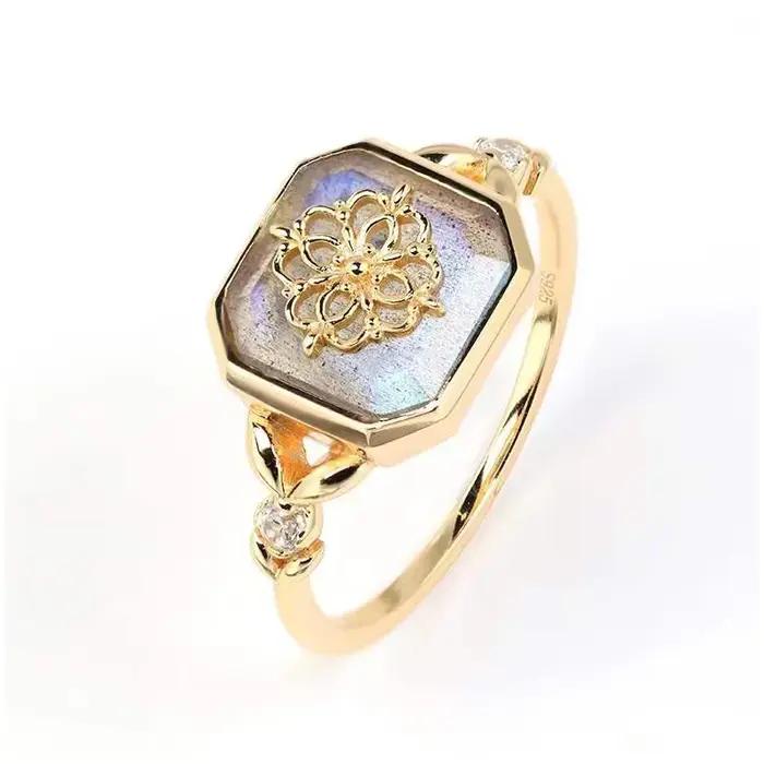 LAMOON Vingtage Bijou bague en Labradorite naturelle pour femmes bagues en pierres précieuses 925 en