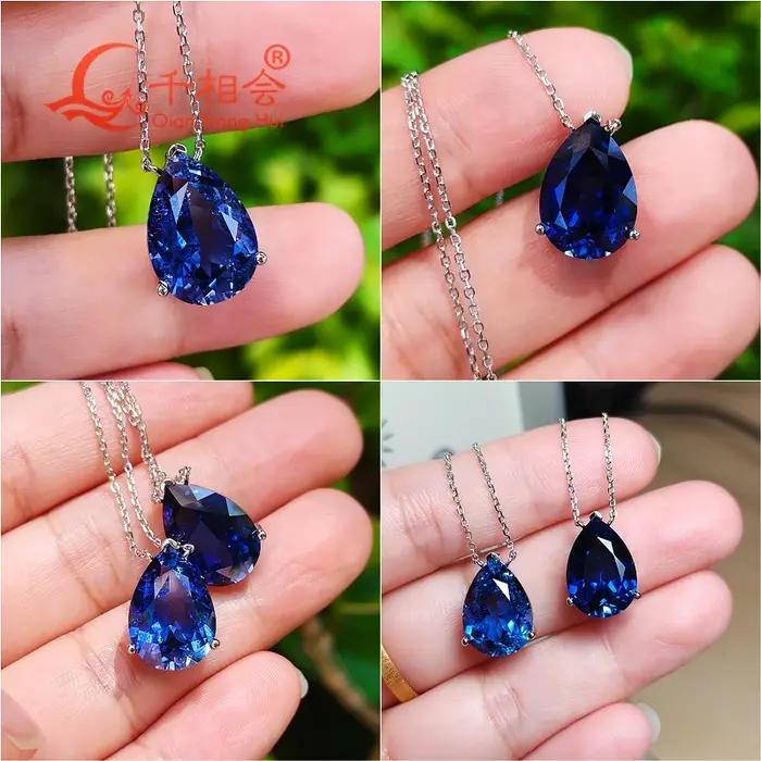 Pendentif Collier en Argent 925 Forme Poire 7ct 10x14mm Saphir Bleu Royal/Bleu Bleuet de Laboratoire Créé avec Inclusions
