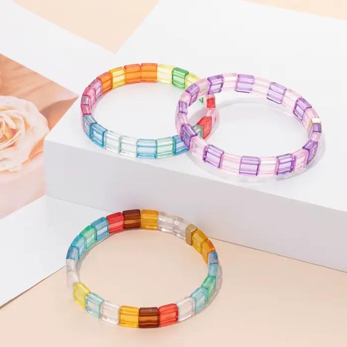 Bracelets artificiel astiques en Perles Carrées de 8mm pour Femme, Bijoux Extensibles, Style Boho, Transparents et Colorés, Nouveau Design 2023
