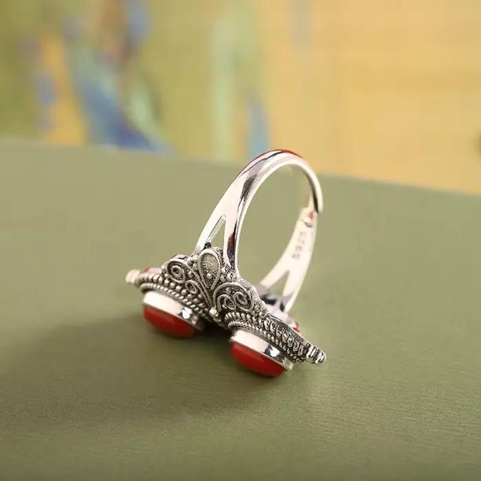 Bague en jade rouge Everoyal pour femmes style rétro élégante double perles ovales bijou pour soirées et anniversaires