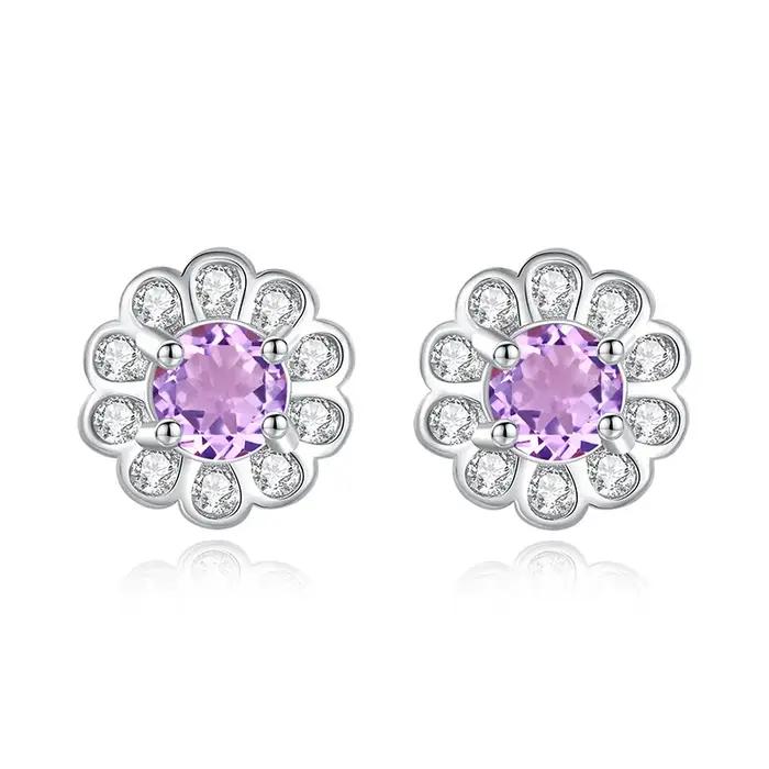 Boucles d'oreilles en argent Sterling 925 améthyste, rondes en forme de fleur, en cristal naturel, c