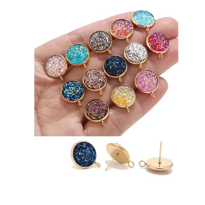 10 pièces 12mm ronde résine Druzy acier inoxydable pierre Post boucles d'oreilles résultats avec boucle or