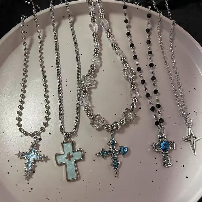 Pendentif croix bleue gothique pour hommes et femmes, bijoux de document en argent, collier de mode, breloques ChimPunk Y2K, accessoires de bijoux Hip Hop