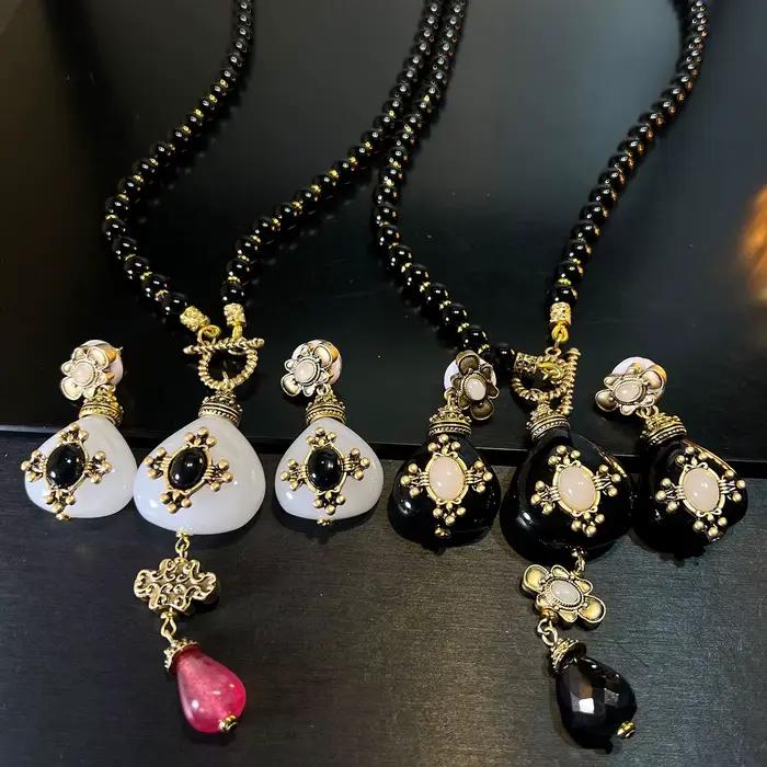 Ensemble collier et boucles d'oreilles vintage en agate à double et simple couche pour femmes