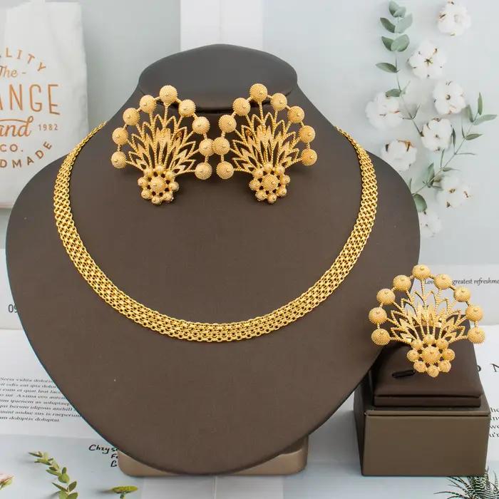 Grandes boucles d'oreilles de luxe faites à la main, ensemble de bagues, chaîne plaquée de dubaï, bi