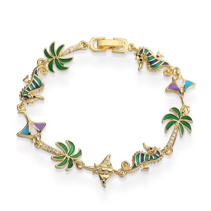 Bracelet rétro en émail vert avec pendentif motif palmier et cocotier, chaîne, accessoire doux et mi