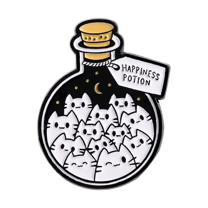 Broche en émail de Potion de bonheur de chat de dessin animé, broche en métal pour passionnés de cha