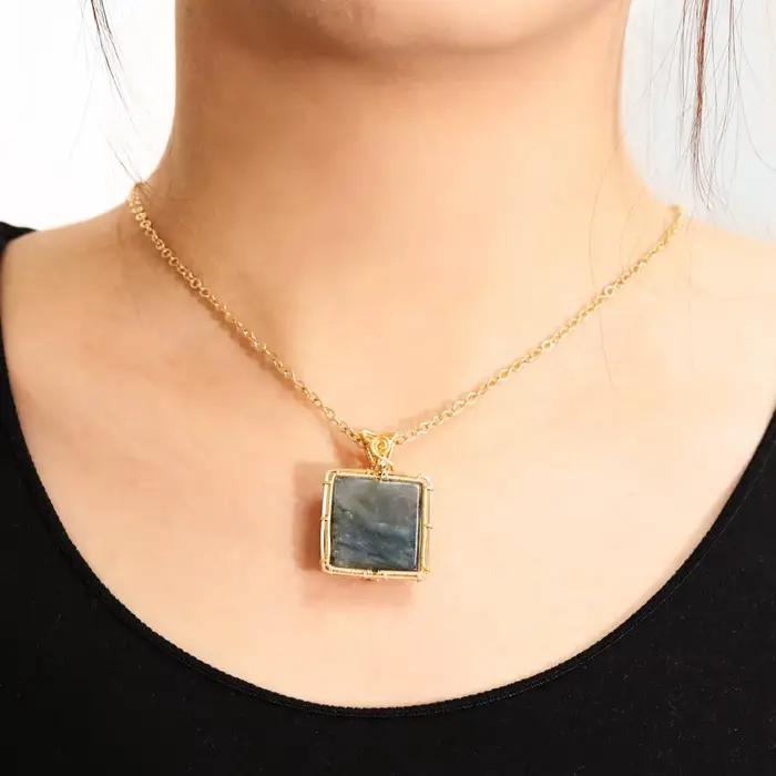 Collier en Labrumen Naturel pour Femme, Baguette Carrée, Pendentif en Pierre Précieuse, Fil de Cuivre Enveloppé, Bijoux, Cadeau pour les Travailleurs