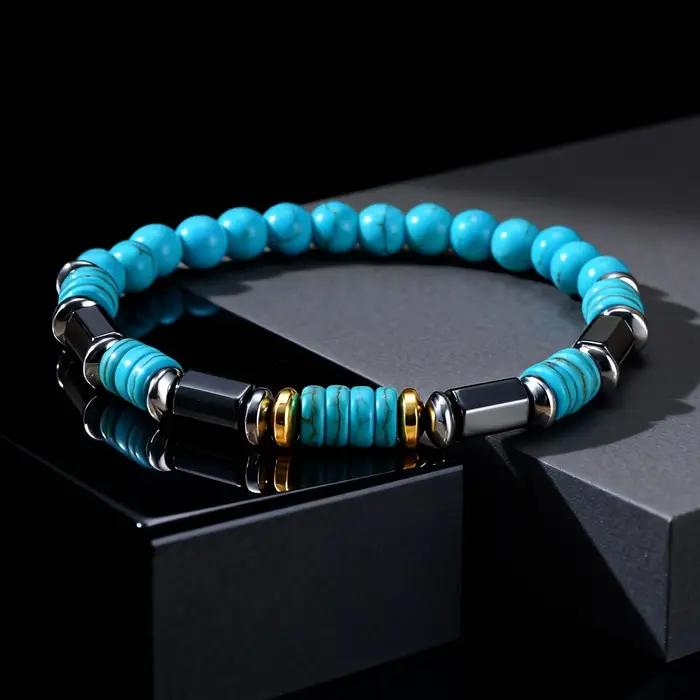 Bracelet rétro en perles de pierre bleue naturelle pour hommes