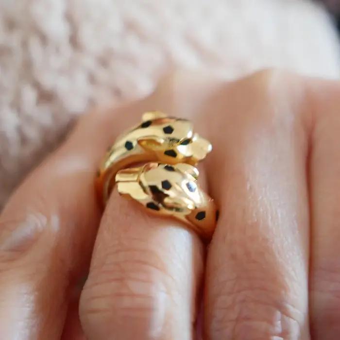 Bague ouverte à la panthère avec motifs taches noires bijou plaqué or pour homme et femme occasions spéciales style animal de compagnie zircone cubique ajustable