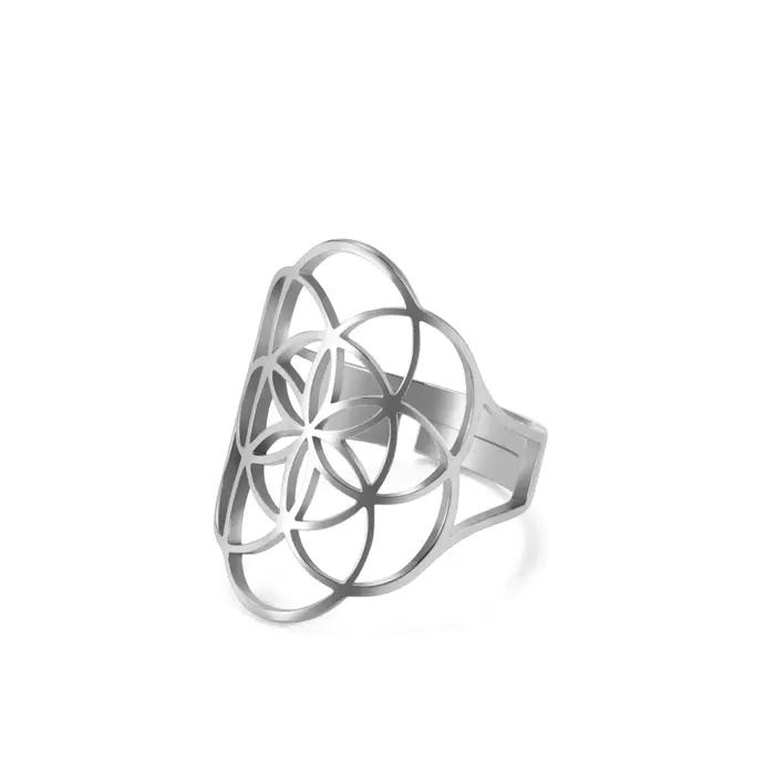 Amaxer Simple géométrie sacrée fleur de vie anneau pour les femmes petite feuille Unique Lotus bague