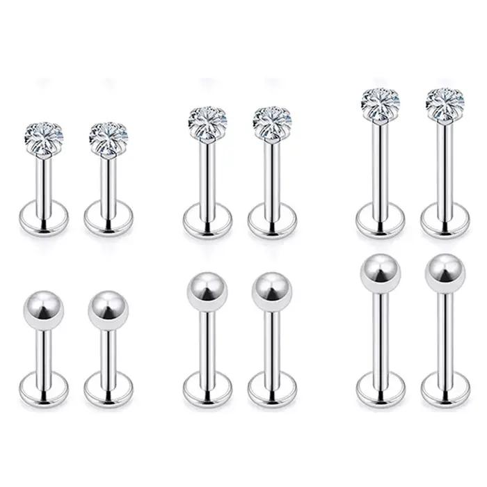 12 pièces/lot Labret Piercing ensemble acier chirurgical CZ zircone lèvre goujon barre boucle d'orei