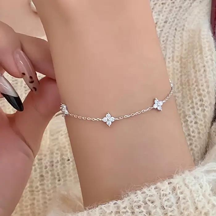 Bracelet à fleurs en cristal en argent Sterling 925 pour femmes et filles