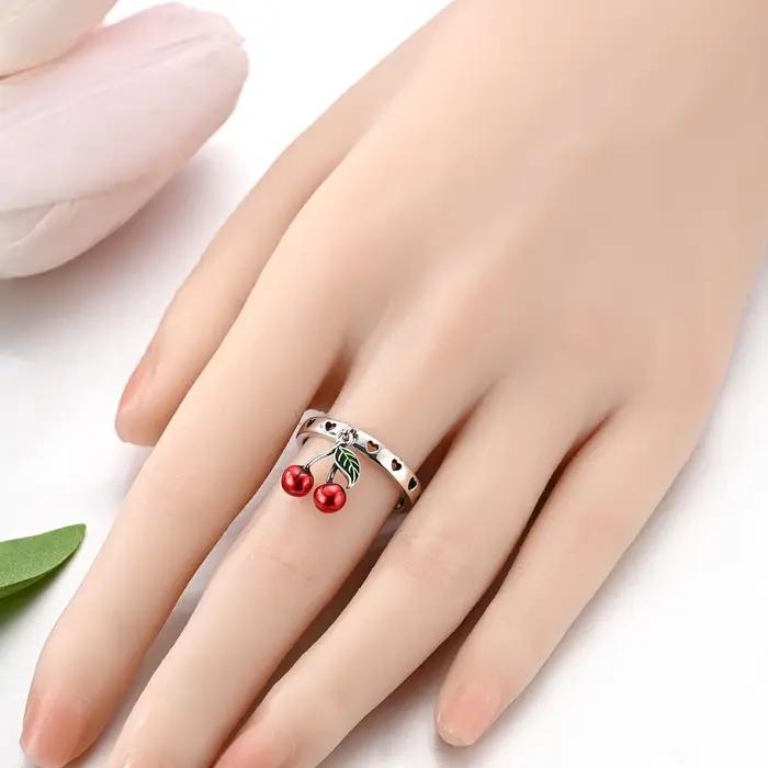 Bague ouverte en argent sterling 925 avec cerise mignonne et cœur en émail rouge