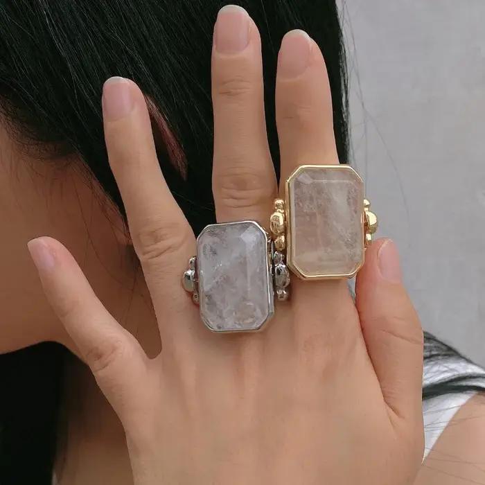 Bague en sucre carrée rétro française pour femmes, cristal naturel, bijou de fête, design exagéré, cadeau mode 2025