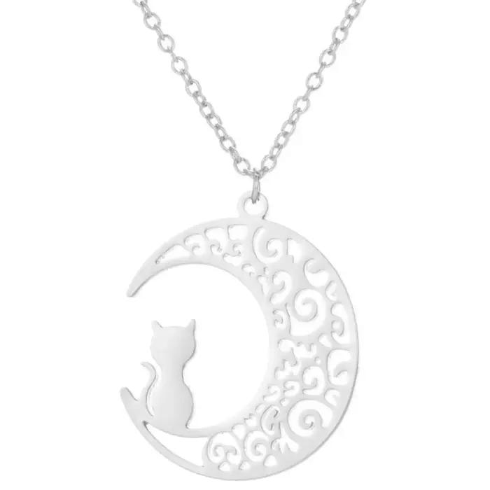 Collier pendentif chat lune pour femmes et filles, accessoires de bijoux en acier inoxydable
