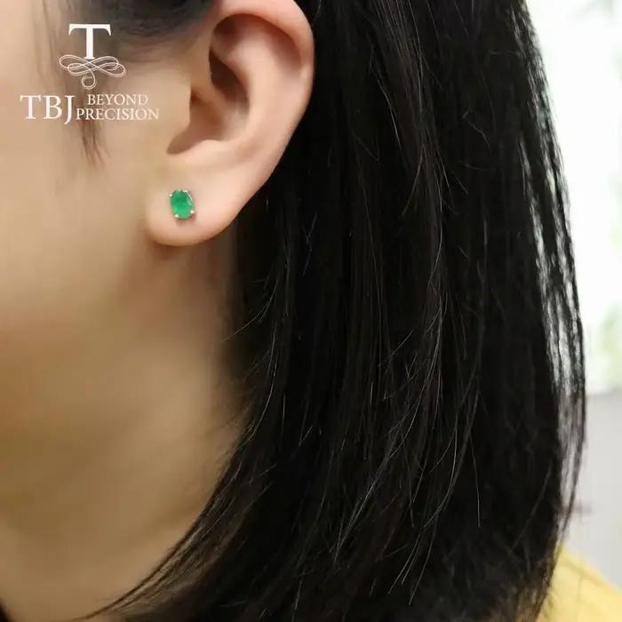Tbj-Boucle d'oreille narsimple pour femme, bijoux fins en argent regardé blanc 925, pierres précieuses naturelles vertes du Brésil, 5*7mm, 1,5 ct, usage quotidien
