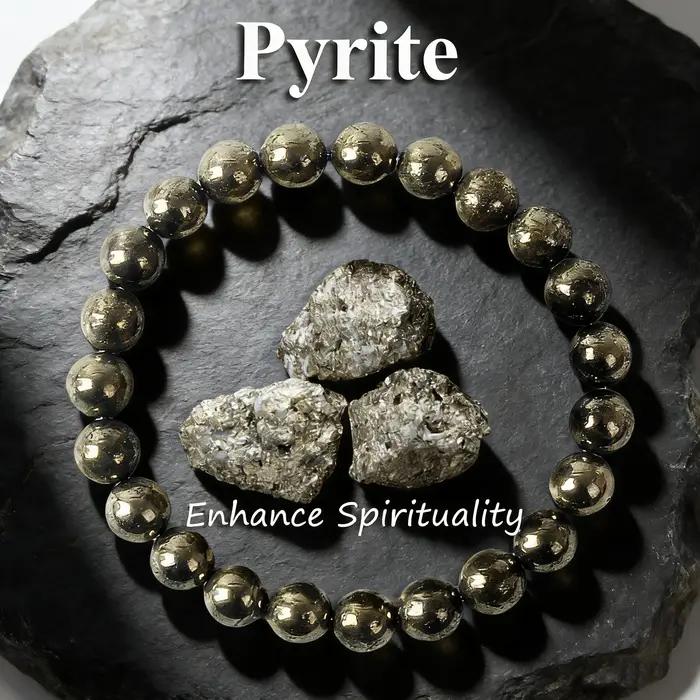 Bracelet en pierre de pyrite naturelle 6 8 10 mm amulette de protection et de prospérité bijou perlé pour homme femme occasions spéciales cadeau