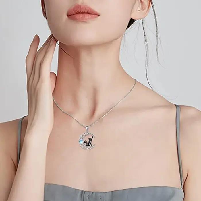 Collier pendentif lune chat noir vintage mignon pour femmes et adolescentes