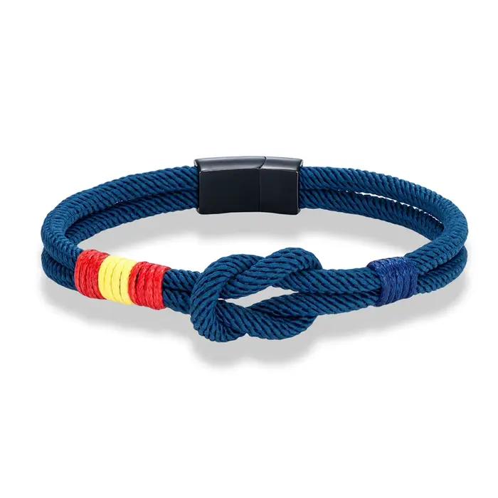 Bracelet drapeau espagnol – Corde double couche tissée à la main avec boucle magnétique en acier inoxydable noir, bijoux de couple pour hommes et femmes