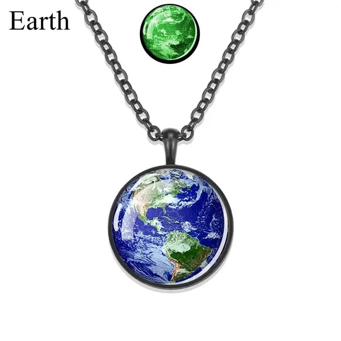 Collier planète galAct phosphorescente avec pendentif en verre, système solaire, terre, lune, JupCla