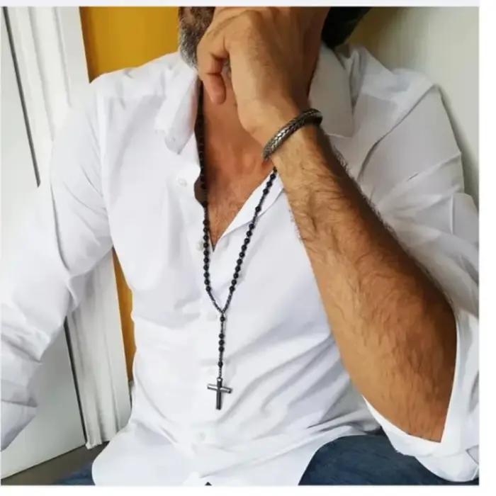 Collier en hématite pour homme, pendentif croix, chapelet, collier crucifix perlé pour lui, cadeau religieux pour père