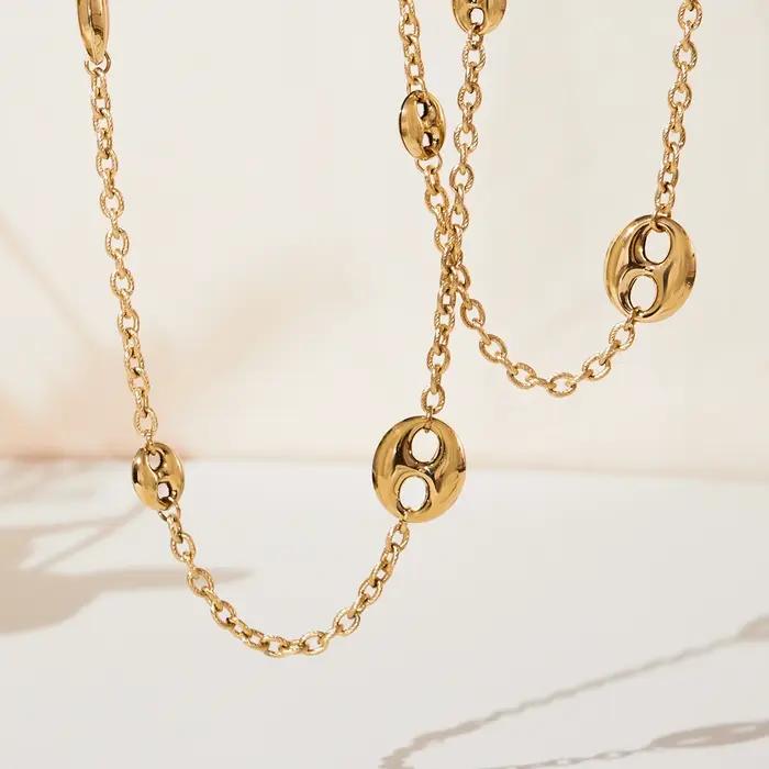 Collier Hip-Hop en Argent Doré avec Pendentif Ovale Plaqué Or Acier Inoxydable pour Fêtes et Soirées Chic