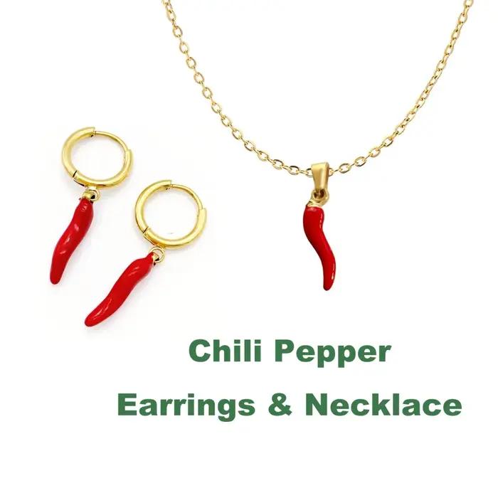 Mignon rouge chaud Chili charme boucles d'oreilles délicat couleur or Mini cerceaux avec goutte huile plante